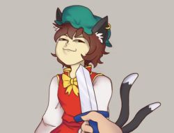 Rule 34 | 2girls, :3, animal ear fluff, animal ears, arms at sides, black eyes, bow, bowtie, brown hair, cat ears, cat girl, cat tail, chen, closed mouth, commentary, dress, ear piercing, earrings, green hat, grey background, hat, holding, holding knife, holding weapon, izayoi sakuya, jewelry, knife, long sleeves, looking at viewer, meme, mikware, mob cap, multiple girls, multiple tails, photo-referenced, piercing, pointing weapon, pointy nose, pov, red dress, short hair, simple background, single earring, smug, solo focus, squinting, tail, touhou, troll face, upper body, weapon, yellow bow, yellow bowtie