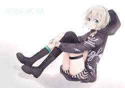 Rule 34 | 1girl, :o, aoba moca, asymmetrical legwear, bang dream!, black choker, black footwear, black hoodie, black thighhighs, blue eyes, blush, boots, breasts, chain, chain necklace, character name, choker, cleavage, clothes writing, coldcat., collarbone, commentary, crop top, cross-laced footwear, full body, green socks, grey hair, hands on own legs, highres, hood, hood down, hoodie, jewelry, lace-up boots, legs up, long sleeves, looking at viewer, medium breasts, midriff, mismatched legwear, necklace, open clothes, open hoodie, shadow, shirt, short hair, short shorts, shorts, sidelocks, single thighhigh, sitting, socks, solo, striped clothes, striped shorts, thigh strap, thighhighs, white background, white shirt