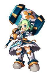 Rule 34 | 1girl, armor, armored boots, armored dress, blue eyes, blunt bangs, blush, boots, game cg, gauntlets, grand chase, green hair, hammer, highres, holding, holding weapon, lime serenity, looking at viewer, simple background, standing, thigh boots, thighhighs, weapon, white background, zettai ryouiki