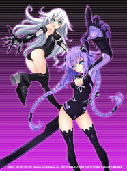 Rule 34 | &gt;:o, 10s, 2girls, :o, aqua eyes, arm up, armpits, ass, bare shoulders, black heart (neptunia), black legwear, blue eyes, bodysuit, braid, breasts, buran (kure), cleavage, cleavage cutout, clothing cutout, company name, contrapposto, dated, elbow gloves, female focus, floating hair, foreshortening, full body, gloves, gradient background, green eyes, gust, hair ornament, head tilt, high heels, highres, hip focus, huge weapon, leg lift, leotard, long hair, looking at viewer, looking back, magical girl, multiple girls, neptune (neptunia), neptune (series), nippon ichi, noire (neptunia), official art, open mouth, outline, pointing, power symbol, power symbol-shaped pupils, purple background, purple hair, purple heart (neptunia), sega, shoes, sideboob, standing, striped, striped background, surprised, sword, symbol-shaped pupils, thighhighs, tsunako, twin braids, v-shaped eyebrows, vambraces, very long hair, wavy hair, weapon, white hair