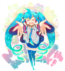 Rule 34 | 1girl, 7:24, :d, black thighhighs, blue hair, blush, boots, detached sleeves, closed eyes, happy birthday, hatsune miku, headset, long hair, necktie, open mouth, skirt, sleeveless, smile, solo, thigh boots, thighhighs, twintails, very long hair, vocaloid
