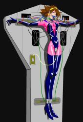 Rule 34 | 1girl, bdsm, black background, bondage, bound, breasts, brown hair, cable, catheter, choker, collar, costume, crucifixion, g gundam, gag, gundam, hairband, large breasts, legs, long legs, looking at viewer, machine, mobile trace suit, rain mikamura, restrained, sex machine, short hair, simple background, solo, stationary restraints, thighs