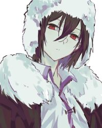 Rule 34 | 1boy, absurdres, black hair, black jacket, bungou stray dogs, closed mouth, collared shirt, fur collar, fur hat, fyodor dostoyevsky (bungou stray dogs), hat, highres, jacket, jellyfish sz, looking at viewer, male focus, red eyes, shirt, short hair, simple background, solo, upper body, white background, white hat, white shirt