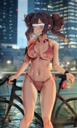 Rule 34 | 1girl, absurdres, alternate costume, alternate hair length, alternate hairstyle, bad id, bad twitter id, bicycle, bikini, black hair, breasts, commentary, foxyreine, genshin impact, grin, hair ornament, highres, medium breasts, mona (genshin impact), navel, outdoors, pink bikini, railing, smile, solo, star (symbol), star hair ornament, stomach, sunglasses, swimsuit, twintails