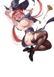 Rule 34 | 1girl, absurdres, armpits, arms up, black footwear, black hat, blush, breasts, broom, hat, highres, holding, holding clothes, holding hat, large breasts, looking back, open mouth, original, red eyes, red hair, simple background, solo, speed lines, star (symbol), thighhighs, tongue, torn clothes, torn thighhighs, tsumiki (12756023), twintails, unworn hat, unworn headwear, white background, witch, witch hat