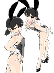 Rule 34 | 1girl, animal ears, ass, bare legs, black eyes, black footwear, black hair, black leotard, bow, bowtie, check commentary, commentary request, cowboy shot, cuffs, doraemon, fake animal ears, flat chest, full body, hair between eyes, high heels, highres, leotard, looking at viewer, medium hair, minamoto shizuka, multiple views, one eye closed, open mouth, partial commentary, playboy bunny, rabbit ears, rabbit tail, red neckwear, short ponytail, simple background, smile, tail, toshinoshin, white background