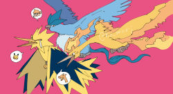 &gt;_&lt; 1girl articuno bird blue_bird charizard creatures_(company) fire game_freak gen_1_pokemon harurie legendary_pokemon misty_(pokemon) moltres nintendo orange_bird orange_hair pikachu pokemon pokemon_(creature) red_background spoken_character tears twitter_username v yellow_bird zapdos