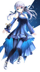 Rule 34 | 1girl, black pantyhose, blue bow, blue dress, blue eyes, blue ribbon, blue sleeves, bow, breasts, cleavage, closed mouth, detached sleeves, dress, floating hair, full body, hair between eyes, hair bow, hair ribbon, highres, jun (sky ia 127 snow), long hair, long sleeves, looking at viewer, medium breasts, original, pantyhose, ribbon, short dress, silver hair, sleeveless, sleeveless dress, smile, solo, thigh gap, white background, white footwear, wing collar, yellow ribbon