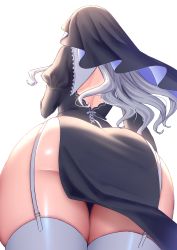 Rule 34 | 1girl, absurdres, ass, ass focus, back cutout, clothing cutout, commentary request, curly hair, foreshortening, from behind, from below, garter straps, habit, highres, huge ass, long hair, nun, original, pelvic curtain, sakura shiho, simple background, skindentation, solo, thigh gap, thighhighs, thighs, virtual youtuber, white background, white hair, wide hips