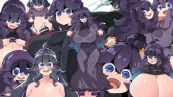 Rule 34 | 1girl, @ @, ahoge, alternate breast size, blue eyes, breasts, collage, creatures (company), game freak, gigantic breasts, hex maniac (pokemon), highres, huge breasts, long hair, messy hair, nintendo, open mouth, pokemon, pokemon xy, purple eyes, purple hair, sagging breasts, solo, toudori