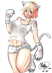 Rule 34 | 1girl, animal ears, cat ears, cat paws, cat tail, clothing cutout, fake animal ears, mifenami, nami (one piece), one piece, orange hair, paws, short hair, short shorts, shorts, shoulder cutout, shoulder tattoo, tail, tattoo, white shorts