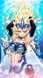 Rule 34 | 1girl, :d, air bubble, armor, armpits, arms up, bare shoulders, bikini armor, black gloves, blonde hair, blue armor, breasts, bubble, collar, collarbone, commentary, cowboy shot, duel monster, elbow gloves, fins, floating hair, gloves, head fins, headgear, highres, long hair, looking down, medium breasts, mermaid, mermail abyssocea, midriff, monster girl, navel, open mouth, sidelocks, smile, solo, teeth, underwater, upper teeth only, wavy hair, wings, yu-gi-oh!, zidai okuraven