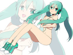 Rule 34 | 1girl, :&lt;, breast lift, breasts, converse, crossed arms, green eyes, green hair, hatsune miku, headphones, large breasts, long hair, matching hair/eyes, no socks, nude, ppera, shoes, sitting, sneakers, solo, twintails, vocaloid, zoom layer