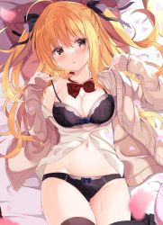 Rule 34 | 1girl, absurdres, ahoge, bare shoulders, bed sheet, black bow, black bra, black panties, black skirt, blonde hair, blush, bow, bow bra, bow panties, bra, breasts, brown cardigan, brown eyes, cardigan, cleavage, clothes pull, collarbone, collared shirt, commentary, dress shirt, groin, hair bow, hands up, highres, kujou danbo, long hair, long sleeves, looking at viewer, lying, medium breasts, navel, off shoulder, on back, open cardigan, open clothes, original, panties, parted lips, petals, plaid, plaid bow, red bow, shirt, skirt, skirt pull, sleeves past wrists, solo, symbol-only commentary, two side up, underwear, very long hair, white shirt