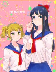 Rule 34 | 10s, 2girls, :3, arm behind back, blonde hair, blue eyes, blue hair, bow, hair bow, looking at viewer, middle finger, multiple girls, pipimi, poptepipic, popuko, red ribbon, ribbon, school uniform, scrunchie, serafuku, short twintails, sidelocks, star (symbol), twintails, two side up, usameruti, yellow eyes