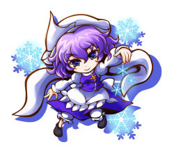 Rule 34 | 1girl, apron, blue eyes, breasts, chibi, female focus, hat, kiki fushigi, lapel pin, letty whiterock, long sleeves, looking at viewer, open hand, outstretched arm, pin, purple hair, shadow, shawl, short hair, simple background, smile, snowflakes, solo, touhou, vest, waist apron, white background