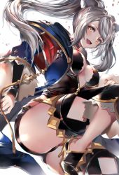 Rule 34 | 1girl, animal ears, breasts, erune, fraux, granblue fantasy, grey hair, high heels, highres, medium breasts, open mouth, shorts, solo, soraneko hino, thighhighs, thighs, twintails, wide sleeves, yellow eyes