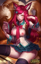 Rule 34 | 1girl, academy ahri, adjusting hair, ahri (league of legends), alternate costume, animal ears, backpack, bag, black thighhighs, blush, bow, breasts, breasts out, cellphone, citemer, copyright name, cowboy shot, desk, facial mark, fox ears, fox tail, glowing, heart, holding, iphone, large breasts, layered skirt, league of legends, liuruoyu8888, logo, long hair, looking at viewer, maroon hair, miniskirt, multiple tails, necktie, nipples, on desk, panties, pantyshot, phone, pink panties, pleated skirt, red hair, school desk, school uniform, sitting, on desk, skirt, sleeve cuffs, slit pupils, smartphone, solo, swept bangs, tail, thighhighs, underwear, very long hair, watermark, web address, whisker markings, yellow eyes