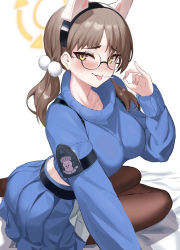 Rule 34 | 1girl, absurdres, animal ears, black-framed eyewear, black hairband, black pantyhose, blue archive, blue skirt, blue sweater, breasts, brown hair, candy, commentary, fake animal ears, food, glasses, hair ornament, hairband, halo, hand up, highres, large breasts, leaning to the side, lollipop, long hair, long sleeves, looking at viewer, moe (blue archive), pantyhose, pleated skirt, pom pom (clothes), pom pom hair ornament, rabbit ears, round eyewear, saliva, simple background, sitting, skirt, solo, stone (ksorede), sweater, tongue, tongue out, twintails, white background, yellow eyes