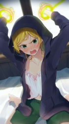 Rule 34 | 1girl, arms up, banned artist, barefoot, black jacket, blonde hair, blush, bound, bound wrists, chm (macharge), collarbone, commentary request, eyelashes, green eyes, green shorts, highres, hood, hood up, hooded jacket, indoors, isekai ojisan, jacket, long hair, looking at viewer, navel, open clothes, open jacket, open mouth, restrained, shirt, shorts, sitting, solo, sui (isekai ojisan), sweatdrop, white shirt