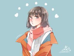 Rule 34 | 1girl, blue background, blush, character name, commentary request, grey eyes, grey hair, highres, jacket, kashikaze, looking at viewer, open clothes, open jacket, open mouth, orange jacket, pink scarf, real life, saitou shuka, scarf, shirt, short hair, signature, simple background, solo, translated, upper body, voice actor, white shirt