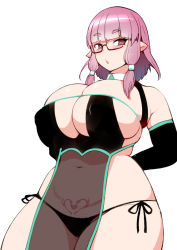 Rule 34 | 1girl, arms behind back, bare shoulders, bikini, black bikini, black gloves, blush, breasts, cleavage, copyright request, cowboy shot, detached collar, diisuke, elbow gloves, glasses, gloves, hair tubes, heart, heart tattoo, huge breasts, looking at viewer, medium hair, parted lips, pink hair, pointy ears, pubic stubble, pubic tattoo, semi-rimless eyewear, side-tie bikini bottom, sidelocks, simple background, skindentation, solo, standing, swimsuit, tattoo, under-rim eyewear, white background