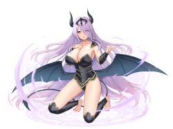 Rule 34 | 1girl, armor, barefoot, breasts, cleavage, demon girl, demon horns, demon tail, demon wings, eyes visible through hair, full body, hair over one eye, hand on own chest, highres, horns, kneeling, large breasts, looking at viewer, nail polish, original, parted lips, purple eyes, purple hair, sauvignon, simple background, smile, solo, tail, thighs, white background, wings