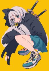 Rule 34 | 1girl, :p, adapted costume, alternate footwear, bad id, bad twitter id, black headband, black jacket, black ribbon, closed mouth, commentary, contemporary, full body, green eyes, green footwear, green skirt, grey hair, hair ribbon, headband, highres, jacket, katana, konpaku youmu, konpaku youmu (ghost), long sleeves, looking at viewer, medium hair, multicolored footwear, nike (company), product placement, ribbon, sheath, sheathed, shoes, simple background, skirt, sleeves past fingers, sleeves past wrists, sneakers, solo, squatting, streetwear, sword, tongue, tongue out, touhou, tsumaseu, weapon, weapon on back, white footwear, yellow background, yellow footwear