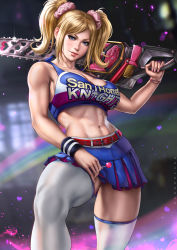 Rule 34 | 1girl, abs, belt, blonde hair, blue eyes, candy, chainsaw, cheerleader, commentary, dandon fuga, food, highres, juliet starling, lollipop, lollipop chainsaw, long hair, looking at viewer, midriff, nail polish, navel, parted lips, resolution mismatch, skirt, smile, solo, source larger, thighhighs, thighs, toned, twintails, white thighhighs