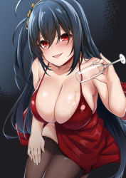 Rule 34 | 1girl, ahoge, alcohol, azur lane, bad id, bad pixiv id, bare shoulders, black hair, black thighhighs, blush, breasts, champagne, champagne flute, choker, cleavage, cocktail dress, collarbone, commentary request, cup, dress, drinking glass, hair between eyes, hair ornament, hand on own thigh, highres, large breasts, long hair, looking at viewer, official alternate costume, parted lips, pouring, pouring onto self, red choker, red dress, red eyes, sitting, smile, solo, spicy moo, taihou (azur lane), taihou (forbidden feast) (azur lane), thighhighs, very long hair, wet, wet clothes