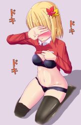 Rule 34 | 1girl, aki shizuha, black bra, black panties, black thighhighs, blonde hair, blush, bow, bow bra, bow panties, bra, clothes lift, commentary, covering face, covering own eyes, embarrassed, full-face blush, fusu (a95101221), hair ornament, hand on own face, highres, leaf, leaf hair ornament, leaf on head, lifted by self, loose thighhigh, panties, red shirt, shirt, shirt lift, short hair, skirt, skirt lift, smile, solo, thighhighs, touhou, underwear, zettai ryouiki