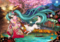 Rule 34 | 1girl, animal print, aqua eyes, aqua hair, architecture, autumn leaves, boat, bug, butterfly, butterfly print, cherry blossoms, collage, east asian architecture, floral print, flower, fox, from side, full moon, glowing butterfly, hair flower, hair ornament, hatsune miku, highres, inari, bug, japanese clothes, kimono, leaf, long hair, looking to the side, maple leaf, moon, multiple torii, outdoors, pink kimono, river, sandals, socks, solo, temple, torii, tree, twintails, uanuan, very long hair, vocaloid, watercraft, wide shot, yasaka pagoda