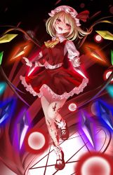 Rule 34 | 1girl, absurdres, ascot, blonde hair, blood, blood on clothes, blood on face, blood on hands, blood on leg, bobby socks, collared shirt, commentary request, crystal, dark background, flandre scarlet, frilled shirt collar, frilled skirt, frilled sleeves, frills, full body, glowing, glowing wings, hat, hat ribbon, highres, looking at viewer, mary janes, medium hair, mob cap, moon, multicolored wings, onikoroshi, open mouth, puffy short sleeves, puffy sleeves, red background, red eyes, red footwear, red moon, red ribbon, red skirt, red vest, ribbon, shirt, shoes, short sleeves, skirt, socks, solo, teeth, touhou, upper teeth only, vest, white hat, white shirt, white socks, wings, wrist cuffs, yellow ascot