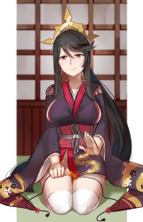 Rule 34 | 1girl, alternate costume, artist name, black hair, brown eyes, chocojax, closed mouth, commission, fire emblem, fire emblem fates, full body, hair between eyes, hair ornament, highres, japanese clothes, kimono, lap pillow invitation, long hair, long sleeves, mikoto (fire emblem), mature female, nintendo, obi, sash, sitting, solo, wide sleeves