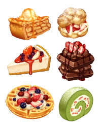 Rule 34 | apple pie, blackberry (fruit), blueberry, brownie (food), cake, cheesecake, chocolate, chocolate syrup, cream puff, dessert, food, food focus, fruit, highres, honey, ice cream, no humans, original, pastry, pie, simple background, still life, strawberry, strawberry syrup, swiss roll, tokie (tokie-mizu), waffle, whipped cream, white background