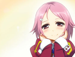 Rule 34 | 10s, 1girl, blush, hair ornament, hairclip, hands on own face, lisbeth (sao), looking at viewer, pink eyes, pink hair, short hair, smile, solo, sorano (12gou), sword art online