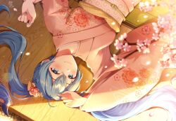 Rule 34 | 1girl, blue eyes, blue hair, blue nails, blurry, commentary request, depth of field, fingernails, floral print, flower, hair flower, hair ornament, hatsune miku, highres, japanese clothes, kazari hisa, kimono, long hair, looking at viewer, lying, on back, signature, smile, solo, sunlight, twintails, upside-down, vocaloid