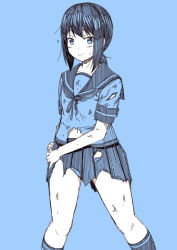 Rule 34 | 10s, 1girl, anchor symbol, blue background, blue theme, closed mouth, commentary request, flying sweatdrops, fubuki (kancolle), kantai collection, kneehighs, kouji (campus life), monochrome, panties, pantyshot, pleated skirt, ponytail, school uniform, serafuku, short hair, short ponytail, short sleeves, sketch, skirt, smile, socks, solo, standing, torn clothes, torn skirt, torn sleeves, underwear