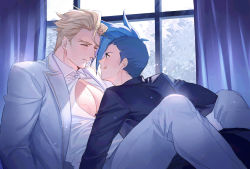 Rule 34 | 2boys, bara, bite mark, black jacket, black suit, blonde hair, blue hair, closed mouth, collared shirt, closed eyes, formal, galo thymos, highres, indoors, jacket, kray foresight, lalatia-meai, lapels, large pectorals, licking lips, looking at another, male focus, multiple boys, muscular, muscular male, open clothes, open jacket, pants, partially unbuttoned, peaked lapels, pectorals, promare, shirt, short hair, suit, tongue, tongue out, white jacket, white pants, white shirt, white suit, window, yaoi