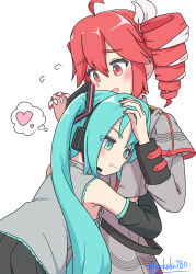 2girls :t ahoge bare_shoulders belt black_belt black_skirt black_sleeve_cuffs black_sleeves blue_eyes blue_hair blush bow closed_mouth detached_sleeves drill_hair flat_chest gokaku180 grey_jacket grey_shirt grey_skirt hair_bow hair_ribbon hatsune_miku head_on_chest heart highres hug jacket kasane_teto kasane_teto_(sv) long_sleeves midriff_peek multiple_girls open_mouth pleated_skirt pout red_eyes red_hair ribbon shirt shoulder_boards simple_background skirt skirt_set sleeve_cuffs sleeveless sleeves_past_elbows speech_bubble spoken_heart standing striped_clothes striped_jacket striped_skirt sweatdrop synthesizer_v thought_bubble twin_drills twintails twitter_username utau vocaloid white_background white_bow white_ribbon