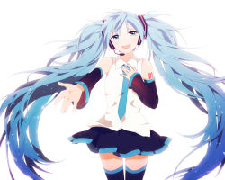 Rule 34 | 1girl, aqua eyes, blue hair, detached sleeves, hand on own chest, hatsune miku, head tilt, headset, highres, long hair, matsuki (mikipingpong), nail polish, necktie, outstretched arm, skirt, solo, tears, thighhighs, twintails, very long hair, vocaloid, white background