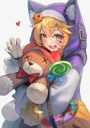 Rule 34 | 1boy, absurdres, animal ear fluff, animal ear headwear, basket, blonde hair, box, bridget (guilty gear), candy, claw pose, commentary request, fake animal ears, food, gift, gift box, guilty gear, guilty gear strive, hair ornament, hakusyokuto, halloween, heart, heart sticker, highres, holding, holding basket, hood, hooded jacket, hugging object, jack-o&#039;-lantern, jack-o&#039;-lantern hair ornament, jacket, lollipop, long sleeves, looking at viewer, male focus, open mouth, orange eyes, purple jacket, roger (guilty gear), simple background, smile, solo, sticker on face, stuffed animal, stuffed toy, swirl lollipop, tareme, teddy bear, trap, upper body, v-shaped eyebrows, white background