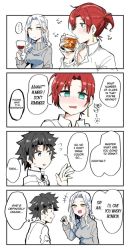 Rule 34 | aqua eyes, boudica (fate), carmilla (fate), cup, drinking glass, drunk, earrings, fate/grand order, fate (series), fujimaru ritsuka (male), hard-translated, jewelry, red hair, sweater, third-party edit, third-party source, translated, turtleneck, turtleneck sweater, white hair, yellow eyes