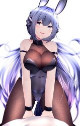 Rule 34 | 1girl, absurdly long hair, absurdres, animal ears, arm strap, azur lane, bare shoulders, black leotard, bodystocking, breasts, cleavage, detached collar, fake animal ears, heart, heart-shaped pupils, highres, huge filesize, large breasts, leotard, long hair, new jersey (azur lane), new jersey (exhilarating steps!) (azur lane), official alternate costume, playboy bunny, purple eyes, purple hair, rabbit ears, samip, see-through, see-through cleavage, simple background, sweat, symbol-shaped pupils, v arms, very long hair, white background