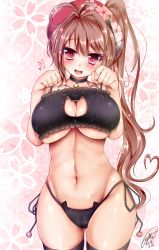 Rule 34 | 1girl, 2016, ahoge, bell, black bra, black lingerie, black panties, black thighhighs, blush, bra, breasts, brown hair, cameltoe, cat lingerie, choker, cleavage, cleavage cutout, clothing cutout, curvy, dated, fang, female focus, hair ornament, head tilt, highres, jotti, large breasts, lingerie, long hair, looking at viewer, meme attire, navel, open mouth, original, panties, ponytail, red eyes, reimusan (jotti), side-tie panties, signature, smile, solo, standing, thighhighs, thighs, underboob, underwear, underwear only