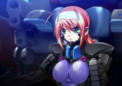 Rule 34 | &gt;:o, 1girl, 5pb., :o, ahoge, angry, armor, bodysuit, bou (inubou), breasts, cockpit, game cg, gloves, green eyes, hair between eyes, hairband, highres, large breasts, looking to the side, muv-luv, muv-luv alternative, open mouth, pilot suit, purple bodysuit, red hair, skin tight, solo, suzumiya akane, v-shaped eyebrows