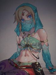 Rule 34 | 1boy, absurdres, arabian clothes, armlet, bandeau, bare shoulders, blonde hair, blue eyes, bridal gauntlets, circlet, crossdressing, detached sleeves, gerudo set (zelda), halterneck, harem pants, highres, jewelry, link, looking at viewer, male focus, midriff, mouth veil, navel, nintendo, noah (tettsui-sole), official alternate costume, pants, pointy ears, sheikah slate, shiny skin, sitting, solo, stomach, the legend of zelda, the legend of zelda: breath of the wild, trap, veil