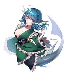 Rule 34 | 1girl, absurdres, blue eyes, blue hair, blush, breasts, collarbone, drill hair, fins, frilled sleeves, frills, full body, green kimono, hair between eyes, head fins, highres, japanese clothes, kamenozoki momomo, kimono, large breasts, long sleeves, mermaid, monster girl, obi, one-hour drawing challenge, sash, short hair, simple background, solo, touhou, twin drills, twitter username, wakasagihime, white background, wide sleeves