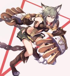 Rule 34 | 10s, 1girl, :3, animal ears, breasts, claw (weapon), claws, collar, erune, eruthika, gloves, granblue fantasy, hair between eyes, hip vent, long hair, looking at viewer, red eyes, sen (granblue fantasy), silver hair, simple background, skirt, smile, solo, weapon