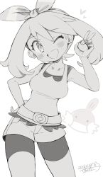Rule 34 | 1girl, :d, belt, bike shorts, bow hairband, collarbone, cowboy shot, creatures (company), dated, game freak, gen 3 pokemon, greyscale, hair ribbon, hairband, hand on own hip, heart, holding, holding poke ball, iroyopon, long hair, looking at viewer, may (pokemon), monochrome, mudkip, nintendo, one eye closed, open mouth, poke ball, pokemon, pokemon (creature), pokemon oras, ribbon, shirt, short shorts, shorts, shorts under shorts, sleeveless, sleeveless shirt, smile, standing